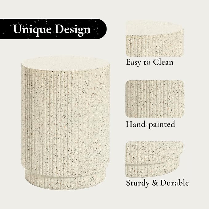 LuxenHome Cream Cement Round Outdoor Side Table, End Tables for Patio, Garden Small Accent Decorative Stool, Plant Stand Drum Table Indoor and Outdoor