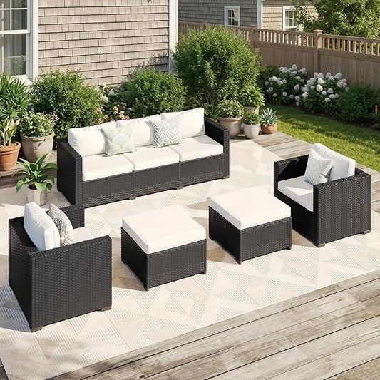 LazySunsets 5-Piece Outdoor Patio Furniture Set, Rattan Outdoor Sectional with Thick Waterproof Cushions, Wicker Ottomans & Waterproof Cover, Patio Conversation Set for Garden, Backyard, Beige