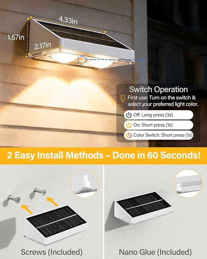 Solar Fence Lights Outdoor, 2 Pack Fence Lights Solar Powered | 85LM Solar Fence Lights, 9 RGB Color Modes, IP65 Waterproof, 12H Dusk to Dawn Glow for Pool/Deck/Patio/Wall/Backyard - White