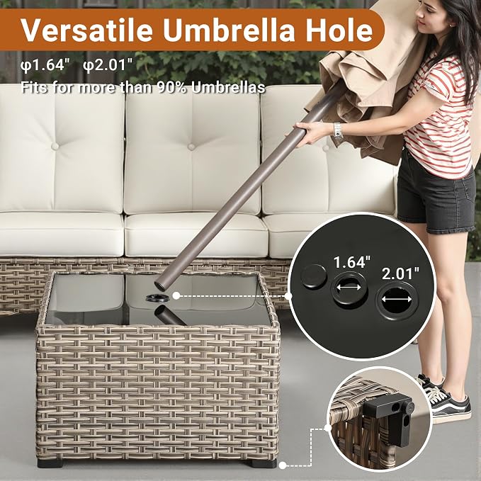 HOOOWOOO Outdoor Patio Side Table with Umbrella Hole,Wicker Coffee End Table Glass Top,Umbrella Table with 1.64" and 2" Hole for Yard,Deck,Porch,Garden(Rectangle Brown)