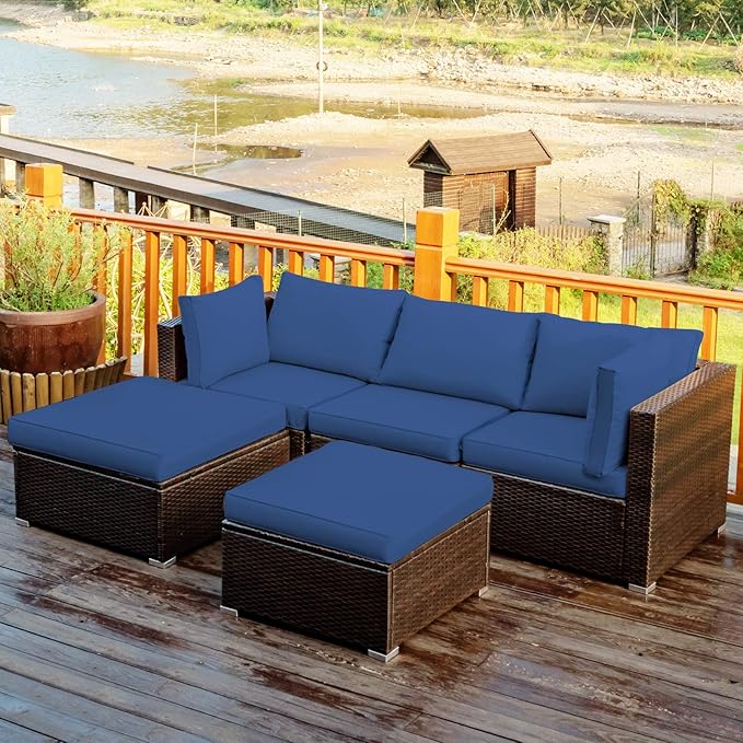 COSTWAY 5-Piece Outdoor Patio Furniture Set, PE Rattan Sectional Conversation Set with Cushions and 2 Ottomans for Garden, Deck, Backyard (Navy)