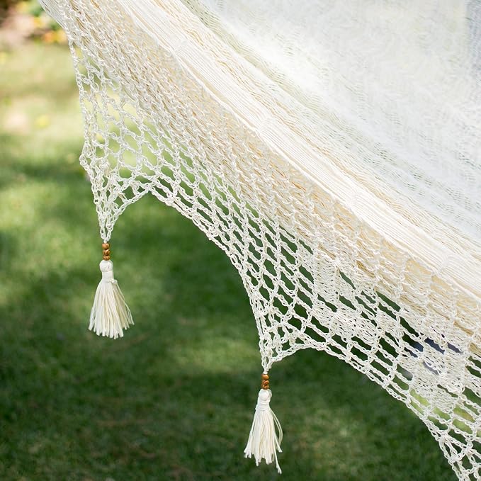 NOVICA Artisan Caribbean Shores Triple Hammock, Handmade Ivory Nylon Solid Rope with Tassels, Mayan Shabby Chic Mexico, Bed 78in L x 90in W Total 158in L