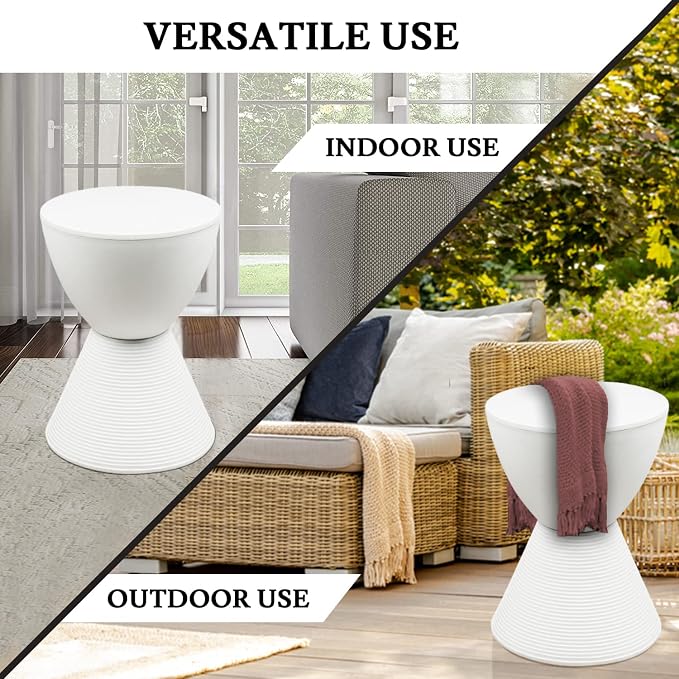 LeisureMod Modern Hourglass White Side Table - ABS Shell Drum End Table with Storage for Indoor & Outdoor Use