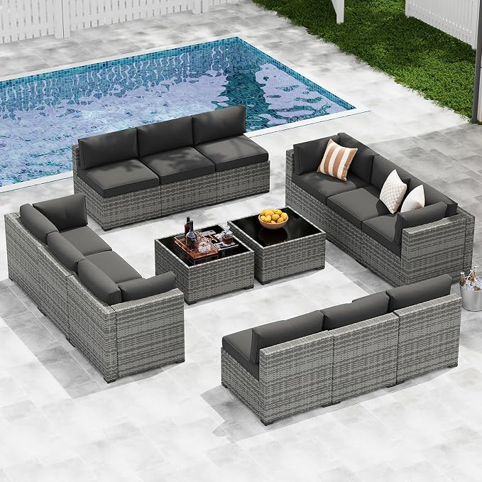 LazySunsets 14-Piece Patio Furniture Set, Wicker Rattan Outdoor Furniture with Thick Cushions, Patio Conversation Sets with Coffee Table, Outdoor Sectional Couch Sofa, Black