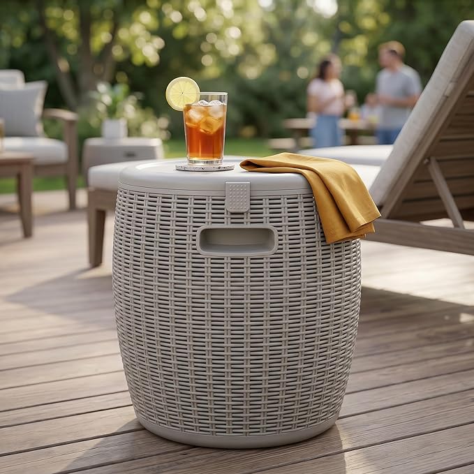 Zapdos 9.5 Gallon Outdoor Cooler Table, 4-in-1 Patio Side Table Cooler and Wicker Storage Stool, 330lbs Capacity Lid