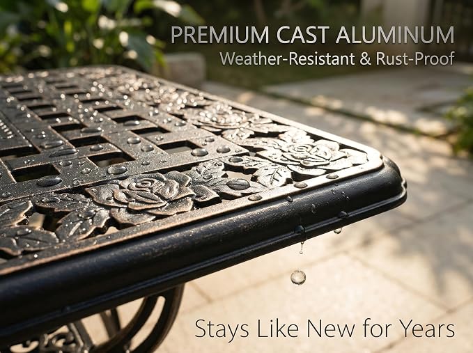 Square Outdoor Coffee Table, Cast Aluminum Side Table with Storage,Indoor End Table, All-Weather Bistro Table for Patio Garden Lawn,Black