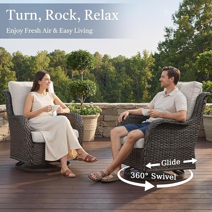 Opohoro 6 Piece High Back Patio Furniture Set - All Weather Patio Conversation Set with 4 Inch Thick Cushions and Deep Seating Swivel Glider Chairs & Outdoor Couch for Porch Deck Yard Pool Brown Beige