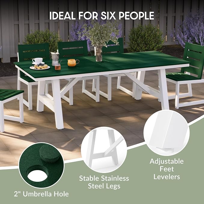 WestinTrends Cape May 9-Piece HDPE Outdoor Furniture Patio Dining Table with Umbrella Hole and Chairs Set for 8, Dark Green