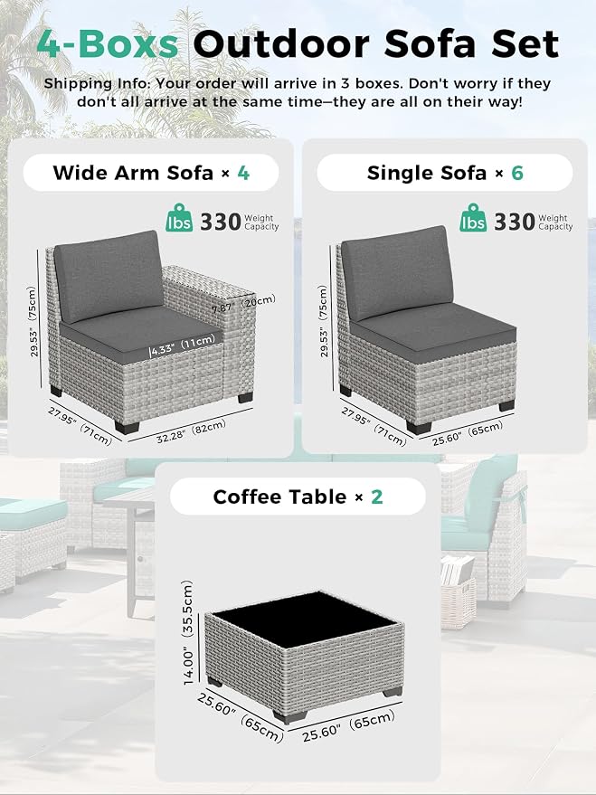 12 Piece Outdoor Wicker Sectional Sofa Set, 10-Seats Patio Furniture Conversation Set with 4" Thickened Cushions & Coffee Table, All-Weather PE Rattan for Garden, Backyard, Charcoal Gray