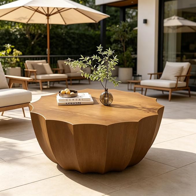 35.43" Round Outdoor Coffee Table, Durable MgO Cement Design – Waterproof for Patio, Garden & Living Room, Stylish & Low-Maintenance (Natural-12-35.43")