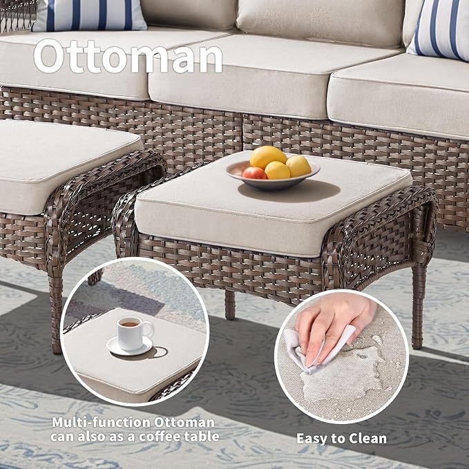 Patio Furniture Set, All Weather 3 PCS Wicker Outdoor Small Sectional Set, 5" Thick Rattan Conversation Set with 3-seat Sofa and Ottoman for Lawn, Garden, Beige/Brown Wicker