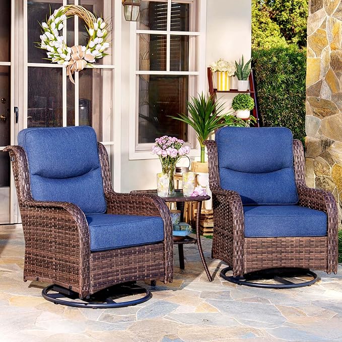 HILLGA 3-Piece Luxury Patio Furniture Set with 6" Thick Cushions, Weather-Resistant Wicker High Back Swivel Rocker Chairs, Senior-Friendly Conversation Set for Small Porch, Deck and Sunroom, Blue(V2)