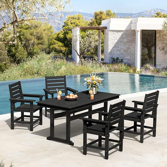 5 Piece Patio Dining Set, 66" Rectangle HDPE Weather Resistant Outdoor Table & 4 Patio Chairs Set with 1.96" Umbrella Hole, Heavy Duty Chairs for Backyard Balcony Deck, Black