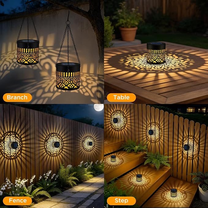 4 Pack Solar Fence Lights Outdoor, Metal Solar Powered Wall Deck Step Light | Mandala Theme, Hanging LED Waterproof Decorative Lighting for Garden Patio Backyard Post Decor, Warm White