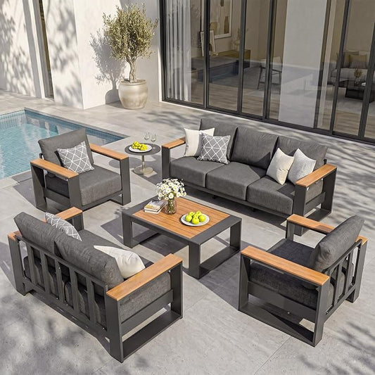 Oversized Aluminum Patio Furniture Set, 5 Pieces Luxury Outdoor Furniture Set with 7.1" Extra Thick Cushion, Modern Outdoor Sectional with Coffee Table for Porch, Garden and Deck, Graphite
