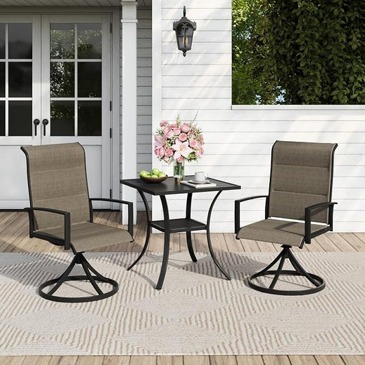 Outdoor Dining Set for 2, 28" Metal Square Outdoor Dining Table and Padded Textilene Patio Swivel Chairs, 3 Pieces Patio Table and Chairs Set for Garden Backyard, Mixed Brown and Black