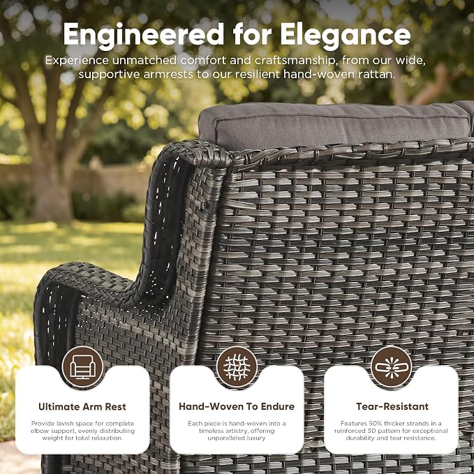 Belord Patio Sofa Luxury PE Wicker 3-Seater Outdoor Couch, Modern All-Weather High Back Deep Seat Woven Furniture Set for Porch, Deck, Balcony, Backyard - Grey/Grey