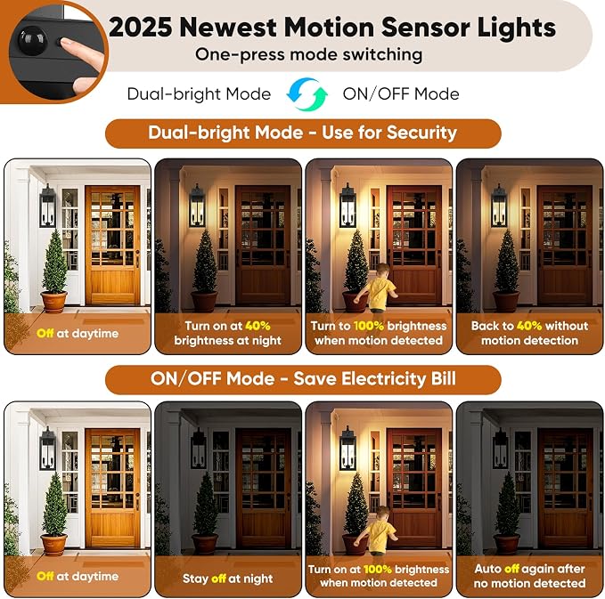 BesLowe 2-Pack 17.5" Upgraded Motion Sensor Outdoor Wall Lights, Black | Auto ON/OFF, 3 Lighting Modes, Waterproof, Rust-Resistant, Durable Metal with Clear Glass, Dual E12 Sockets, Easy to Install