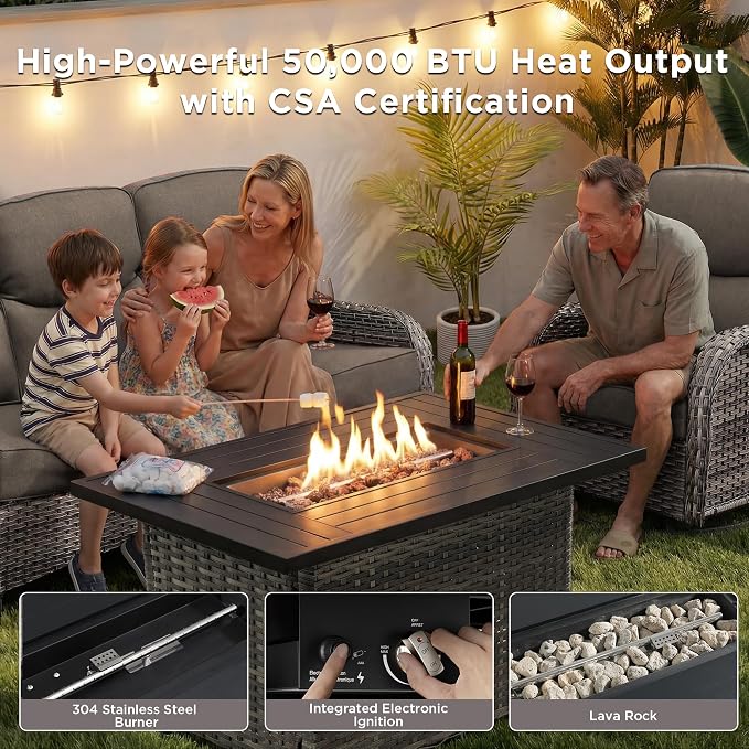 Luxury Patio Furniture Set with Fire Pit Table-8 Pieces All Weather Outdoor Swivel Rocker Chairs with Sofa and Ottomans. Outdoors Patio Conversation Sets for Porch Deck Garden Backyard(Grey/Grey)