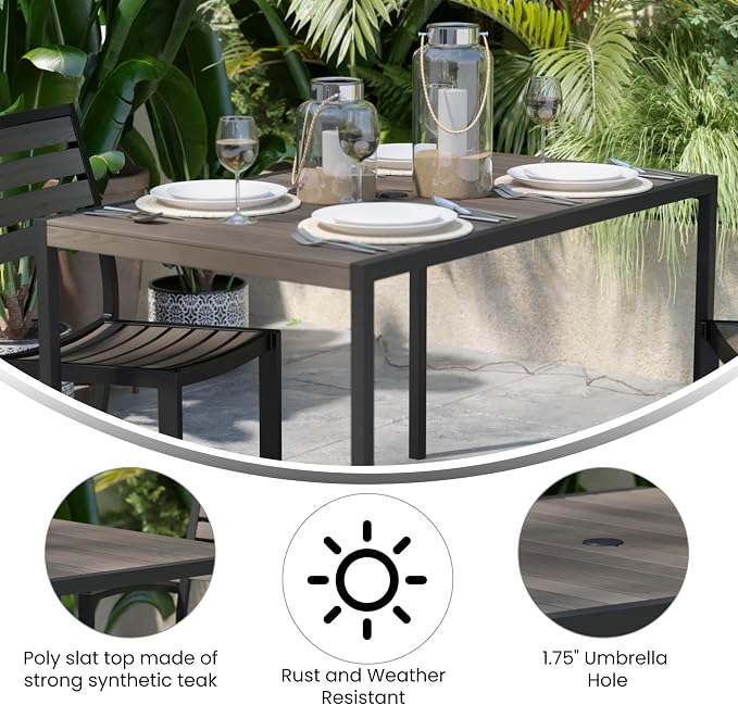 Flash Furniture Lark Commercial Outdoor Steel Dining Table with Umbrella Hole - Gray Wash Faux Teak Poly Slatted Top - Black Frame - 30x48 Table Seats up to 4 Adults