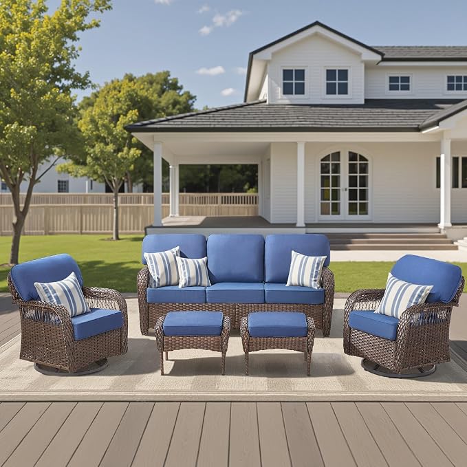 5 Pieces Patio Furniture Set Swivel Chairs, All Weather Wicker Swivel Rocker Patio Chairs Rattan 3 Seater Sofa with Ottomans, Outdoor Seating Furniture for Deck Yard Sunroom, Blue