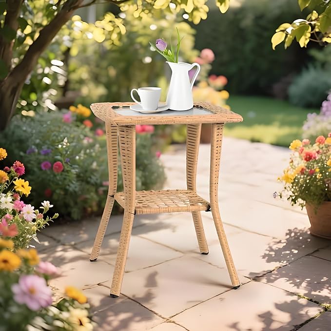 Outdoor Wicker Side Table with Glass Top, Rattan End Table for Patio Garden Porch Balcony, 2-Tier Beige Indoor Outdoor Coffee Bistro Table, Water Ripple Tempered Glass and Powder-Coated Steel Frame