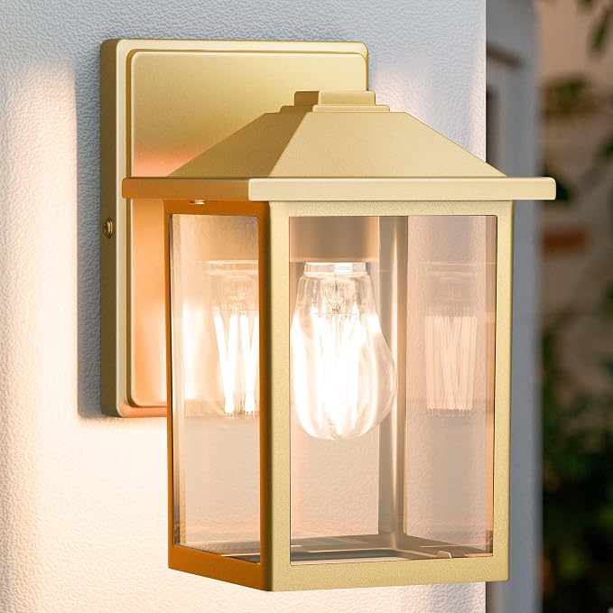 MATAMEYE Outdoor Wall Light Fixture, Exterior Waterproof Porch Lighting | Gold Patio Wall Lantern, Anti-Rust, Clear Glass, E26 Socket, Wall Mount Sconce Lighting, Outside Front Door Light Entryway