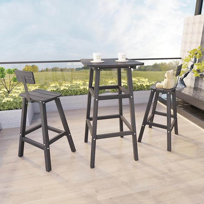3-Piece Outdoor Counter Height Bar Table Set, 42" Pub & Bistro Table with 2 Stools, HDPE Weather Resistant for Patio/Backyard/Garden/Poolside, Grey