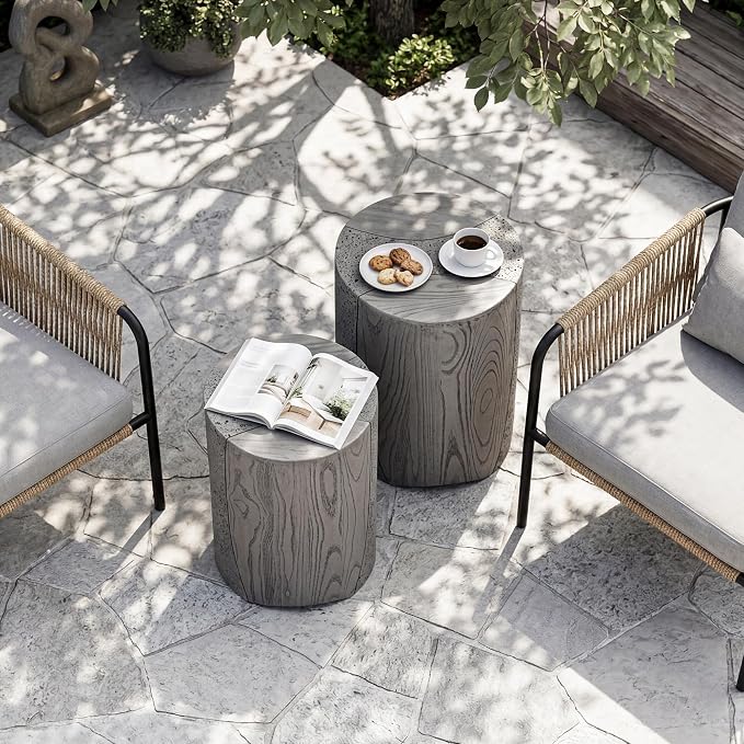 SUNBURY Outdoor Side Table, Set of 2 Round Concrete Side Table Nesting for Patio, Outdoor Decorative Accent End Table in Wooden Pattern, Ceramic Garden Stool for Yard, Pool, Grey