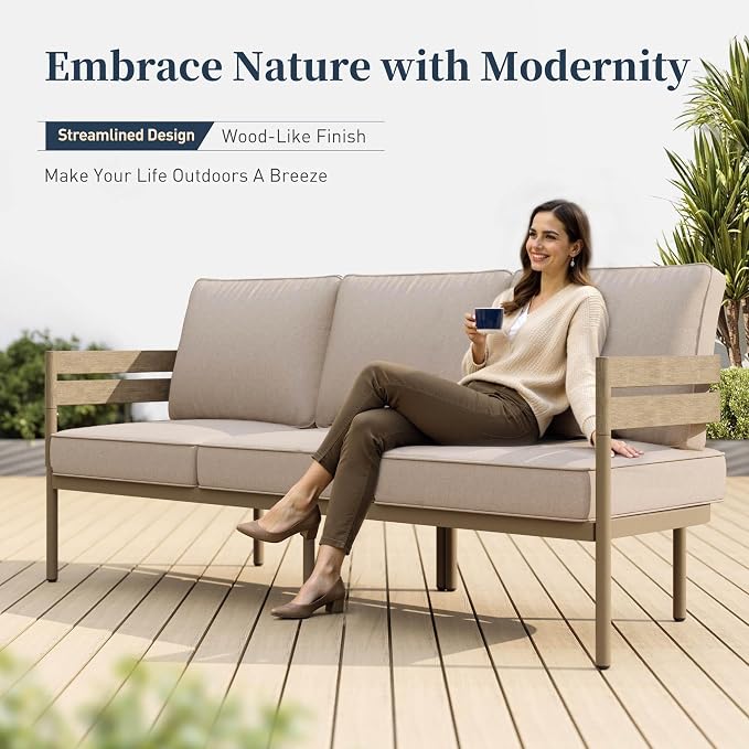 SUNSHINE VALLEY Metal Frame Patio Furniture Set, Wood-Like Modern Outdoor Patio Furniture Set with Cushion, Patio Seating Set with Swivel Chairs, Patio Conversation Set for Backyard Deck
