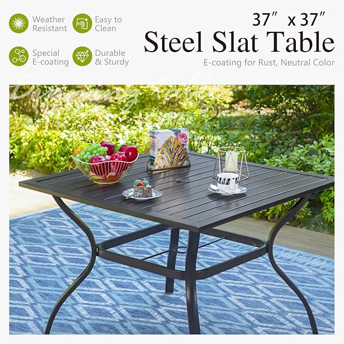 Sophia & William Patio Dining Set, Steel, Black | Umbrella Hole, Swivel Chairs, E-Coated, Cushions Included, For Patio, Garden and Yard
