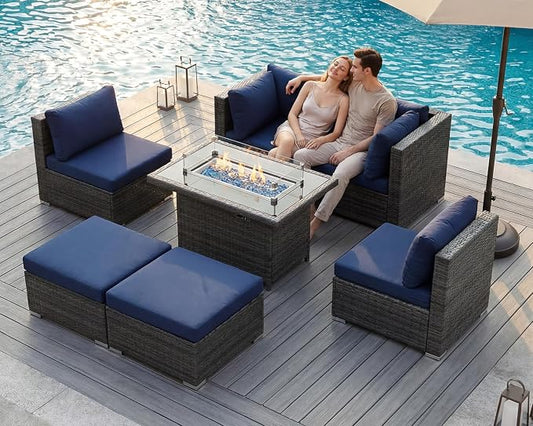 BULEXYARD 7 Piece High Back Outdoor Sectional Set with Fire Pit Table, Wicker Patio Furniture Set Weather-Resistant, Modular 6-Person Couch Sofa Comfortable Wide Deep Seats for Deck, Grey & Navy Blue