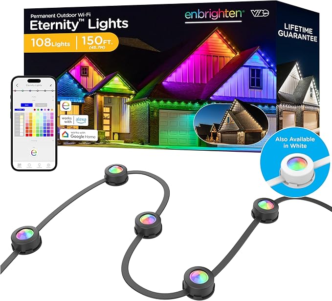 Enbrighten Eternity Permanent Outdoor Lights, 150ft, 108 Lights, Smart | Black Cord, RGBWIC LEDs, Weatherproof, Cuttable, Link to 200ft, Christmas, App Control, Works with Alexa & Google Home