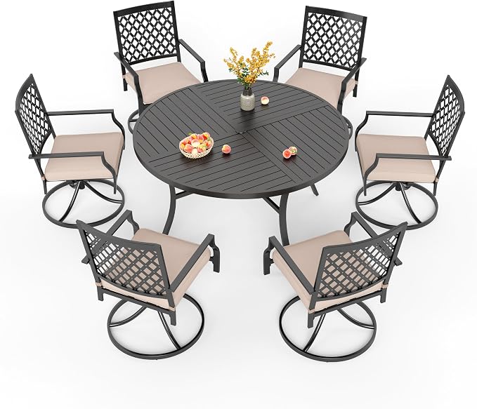 PHI VILLA 7 Pcs Outdoor Dining Set, 54" Round Table w/Umbrella Hole | 54" wrought iron table w/ umbrella hole &6 swivel chairs w/ cushions . Weather-resistant e-coated frame.Perfect for patio