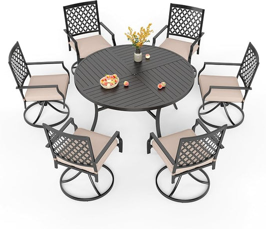 PHI VILLA 7 Pcs Outdoor Dining Set, 54" Round Table w/Umbrella Hole | 54" wrought iron table w/ umbrella hole &6 swivel chairs w/ cushions . Weather-resistant e-coated frame.Perfect for patio