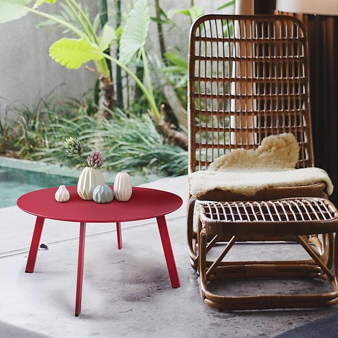 Grand patio Outdoor Side Table, 28-inch Powder Coated Steel Round Coffee Table for Porch, Deck, Balcony, Poolside, Dark Red