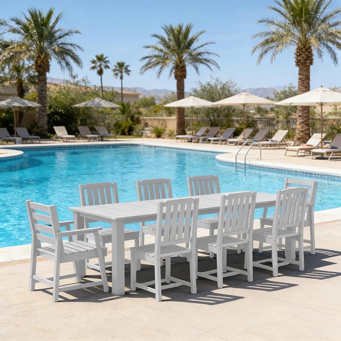 Ayge 9-Piece Outdoor Dining Set – HDPE Patio Furniture for 8 with 2" Hole Cut-Out Table & 8 Chairs, Perfect for Pool, Patio, Garden, White