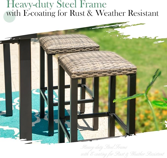 Sophia & William Outdoor Patio Bar Stools Set of 4, Counter Height Backless Rattan Wicker Bar Chairs with Adjustable Feet Mats, Patio Furniture with Metal Frame for Patio Kitchen Dining, 26.4" H