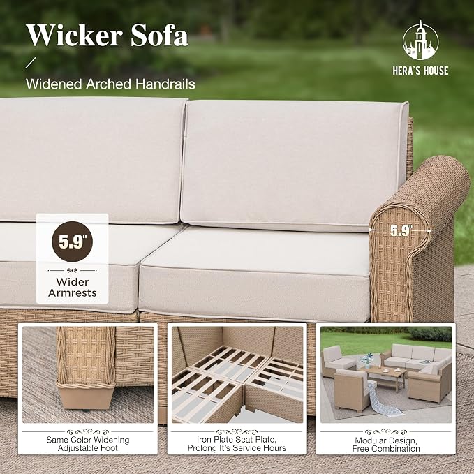 HERA'S HOUSE Patio Furniture Set, All Weather 7 Seats Outdoor Sectional Wicker Sofa with Fire Pit Table, 5.5" Thick Waterproof Cushion 9 Piece Modular Conversation Set for Garden Deck Backyard