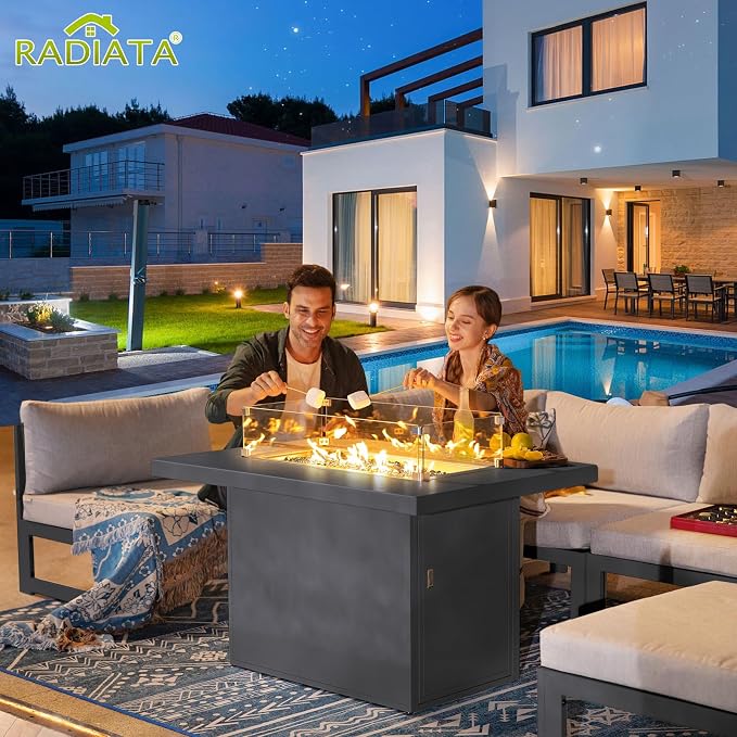 RADIATA 11 Piece Large Contemporary Aluminum Outdoor Furniture Set with Sun Bed & Fire Pit Table, 29 inch Deep Couch Set, 500 lbs High Weight Capacity, Patio Sectional Sofa for Poolside, Light Gray