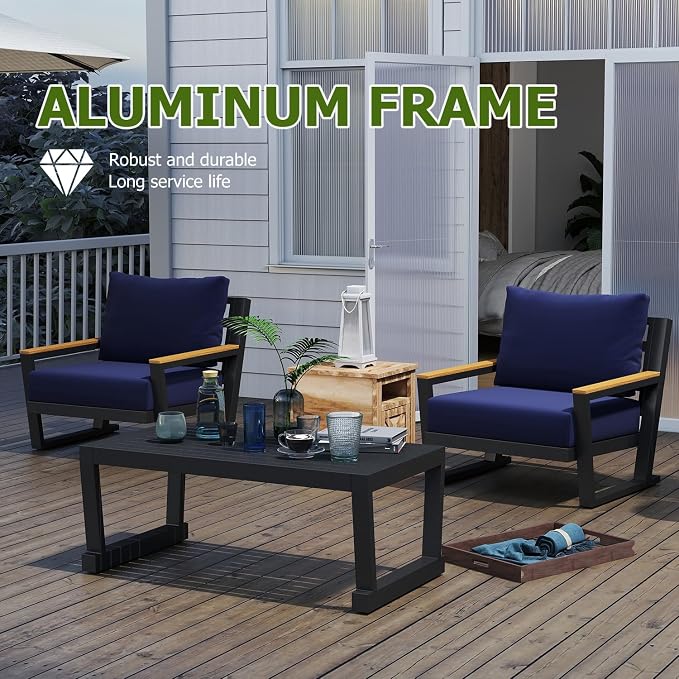Aluminum Outdoor Patio Furniture Set with Coffee Table,4 Piece Patio Conversation Sets with Washable Thick Cushions, Outdoor Sectional Furniture Set for Porch, Balcony, Deck, Yard, Blue