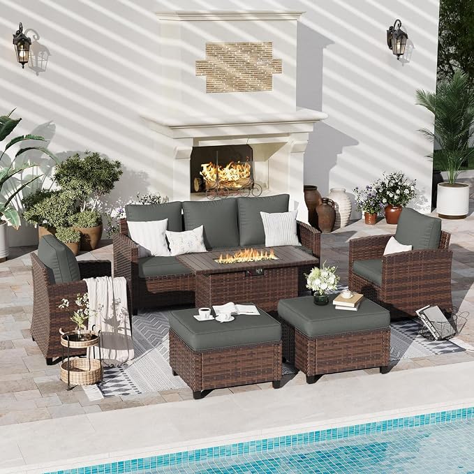 6 Pcs Patio Furniture Set with 44" Propane Gas Fire Pit Table, Rattan Outdoor Couch with Ottomans, 4" Thick Cushions for Backyard Garden Deck,Dark Grey