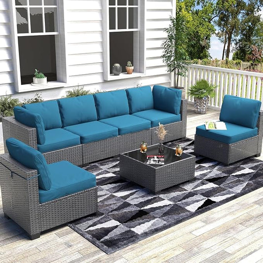 7 Piece Patio Furniture Set, Outdoor Modular Wicker Sectional Couch with Tempered Glass Coffee Table, All-Weather Rattan Conversation Set with Washable Cushions for Backyard, Garden, Deck