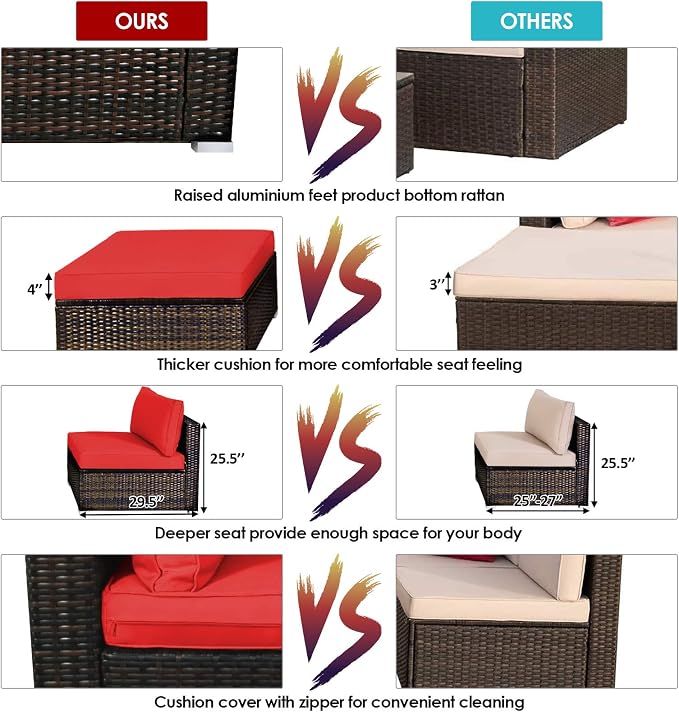 RELAX4LIFE 5-Piece Rattan Sofa Set - Wicker Conversation Set w/Armless Sofa, 2 Corner Sofas, Ottoman, Tempered Coffee Table, All Weather Outdoor Furniture Set for Patio, Poolside, Yard (Red)