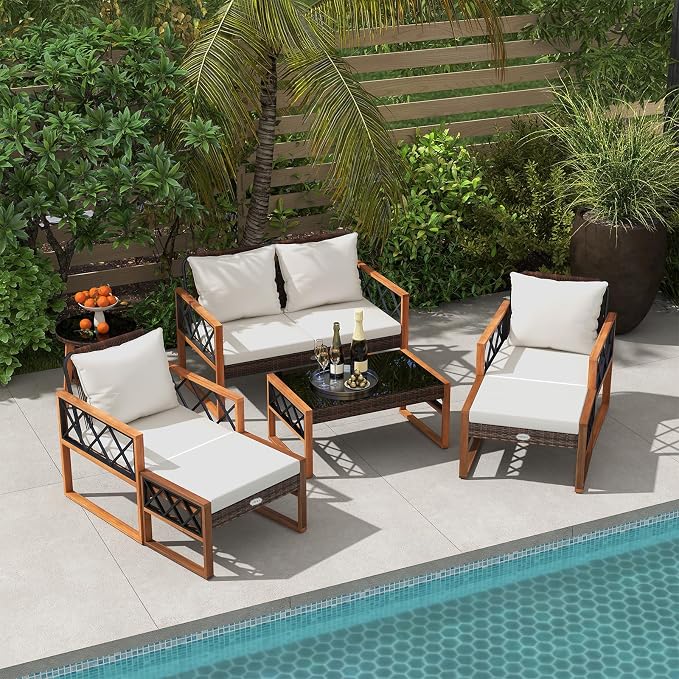 Tangkula 7 Pieces Patio Furniture Conversation Set, Wicker Acacia Wood Outdoor Cushioned Chairs Set with Ottomans, and 2 Tables, for Garden, Deck and Backyard