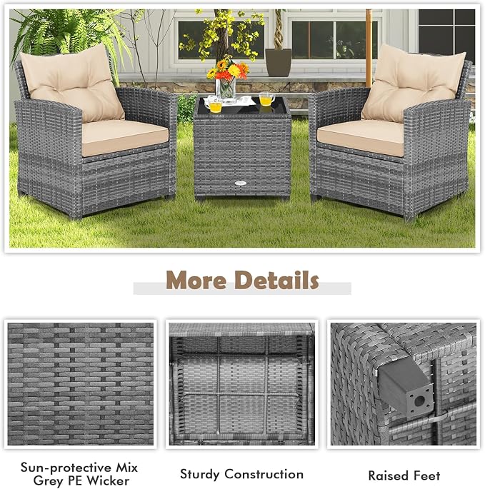 Tangkula 3 Pieces Wicker Patio Furniture Set, Outdoor Rattan Conversation Cushioned Chair Set with Tempered Glass Side Table, for Porch, Balcony and Garden