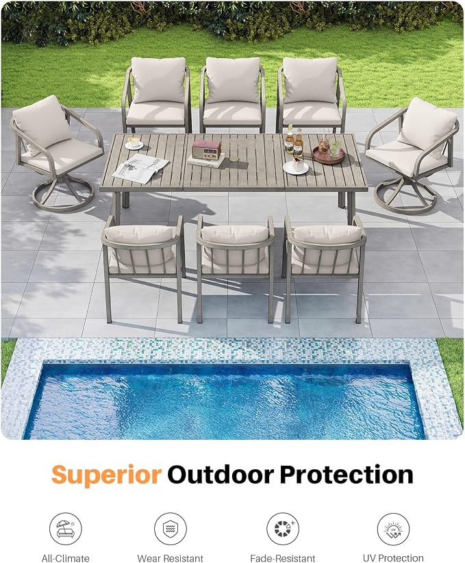 9-Piece Outdoor Dining Set, Never-Rust Aluminum Patio Dining Set with 2 Swivel Chairs, Patio Table and Chairs Set with Washable Cushions, Outdoor Furniture Set for Deck, Backyard, Gray Oak