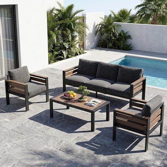 SUNYRISY Aluminum Outdoor Patio Furniture Set with Coffee Table, 4 Piece Outdoor Conversation Sets with Thick Cushions, Oversized Sectional Sofa Couch Set for Porch, Deck, Yard, Pool