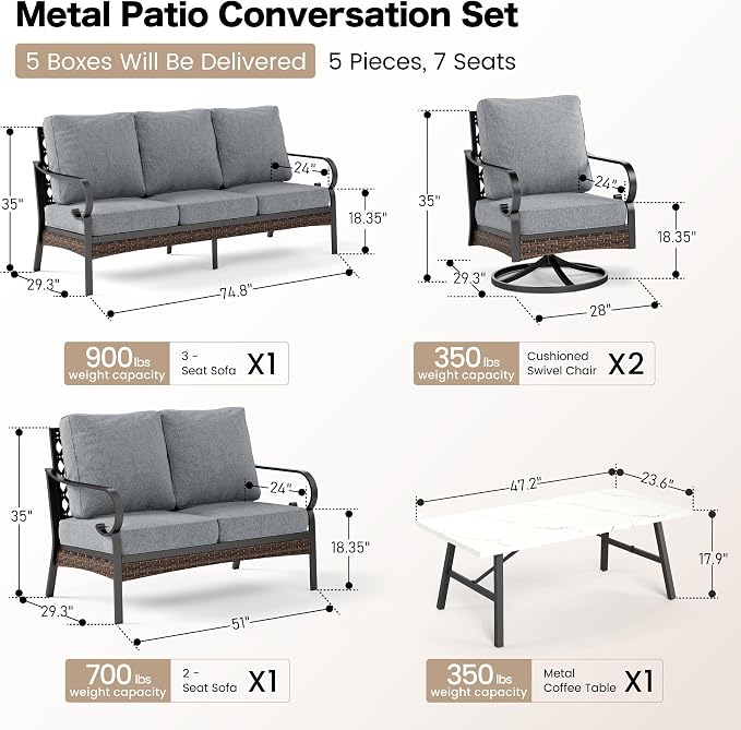 SUNSHINE VALLEY 5 Piece Metal Outdoor Patio Furniture Set, Patio Conversation Set with 1 3-Seater Sofa, 2 Swivel Sofa, Coffee Table - Black & Gray