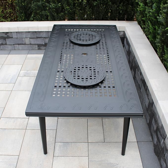 Oakland Living Modern Outdoor Mesh Aluminum Black 84-in Rectangle Large Patio Dining Table with Two Lazy Susans